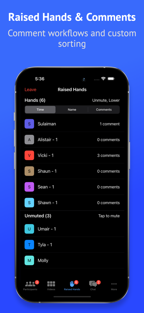 Attendant Pro for Zoom - Interface of Attendant Pro for Zoom showing a list of participants with raised hands and comment counts for meeting management.