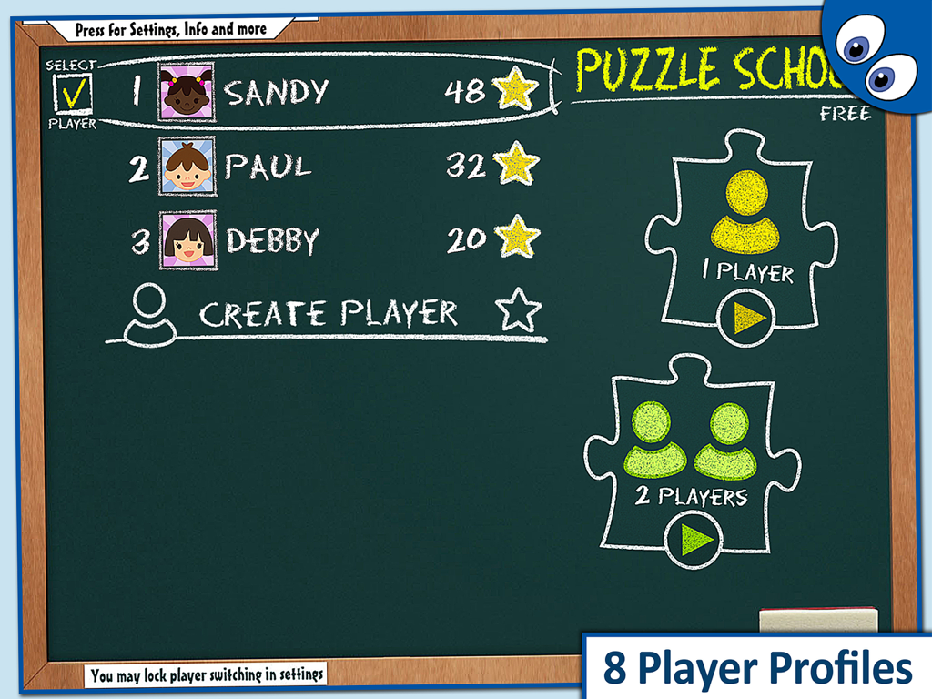 Chalkboard menu screen of Kids Jigsaw Puzzles Lite showing multiple player profiles and game mode selections