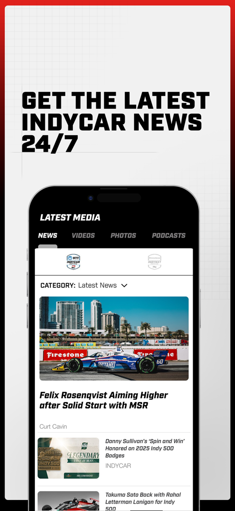 INDYCAR - Mobile interface of the INDYCAR app showing the latest news and media section with racing articles.