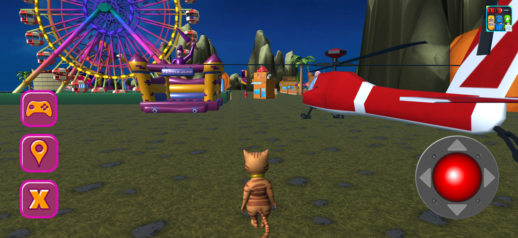 Halloween Cat Theme Park 3D - Leo Catomy caminando por un parque temático de Halloween en 3D con un helicóptero rojo y una noria