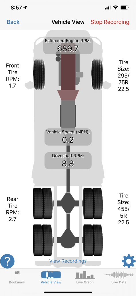 振動診断用のリアルタイムのエンジンおよびタイヤのRPMを表示するNVHアプリの車両ビュー