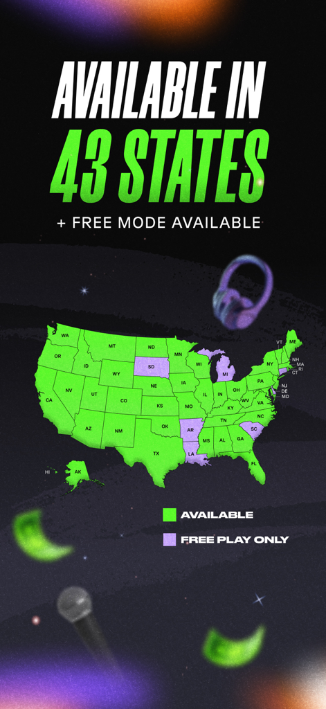 StreamStakes - US map highlighting StreamStakes availability in 43 states and free play mode.