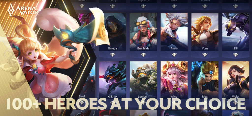 Una muestra de varios personajes héroes jugables en Arena of Valor con texto que indica más de 100 héroes a tu elección