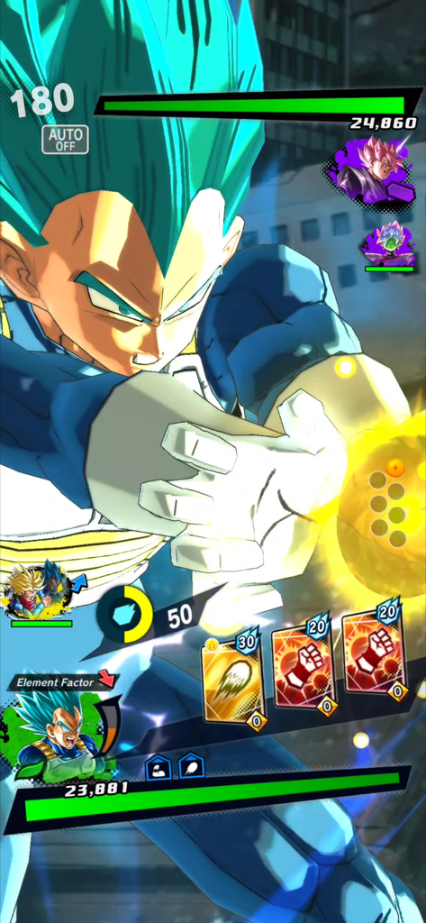 ドラゴンボール レジェンズのバトルで攻撃を実行する超サイヤ人ブルーのベジータ