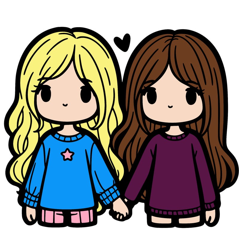 two girls one taller with shoulder length hair the other one shorter with long hair holding hands