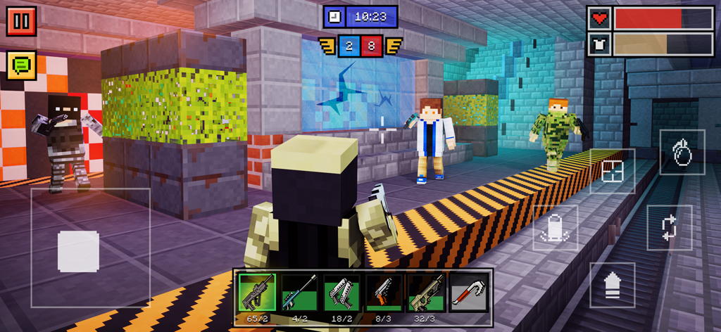 Third person gameplay of Block Guns 3D showing pixelated characters and weapons in a multiplayer industrial map