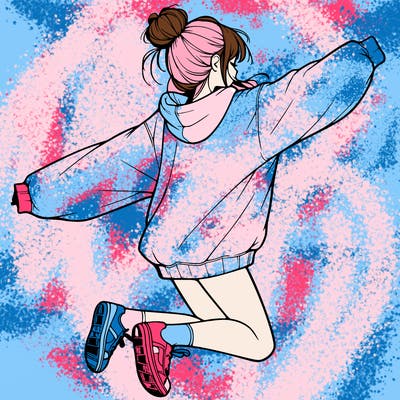 realistic girl jumping with a bun and oversized sweatshirt