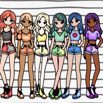 a group of girls wearing crop tops and shorts