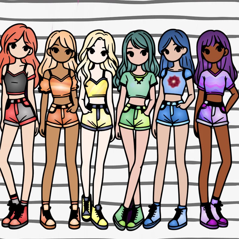 a group of girls wearing crop tops and shorts