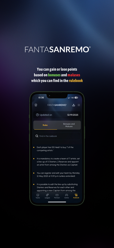 FantaSanremo - Captura de pantalla de la aplicación FantaSanremo que muestra la sección del libro de reglas con la puntuación y las directrices para la creación de equipos.