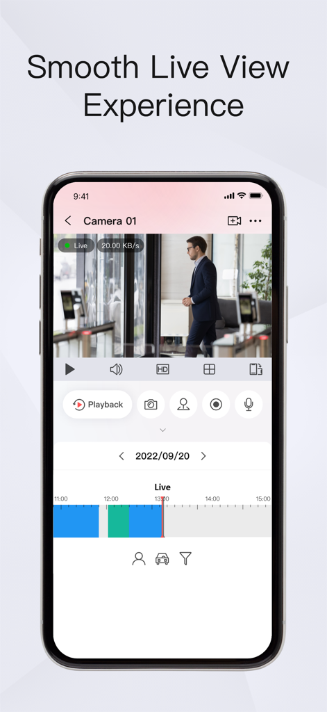 HikCentral Mobile - HikCentral Mobile app interface showing a smooth live security camera feed of an office entrance on a smartphone