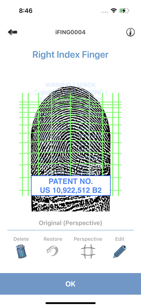 iFING Scanner - iFING Scanner app interface displaying a high-resolution fingerprint scan of a right index finger with a green perspective correction grid and patent information.