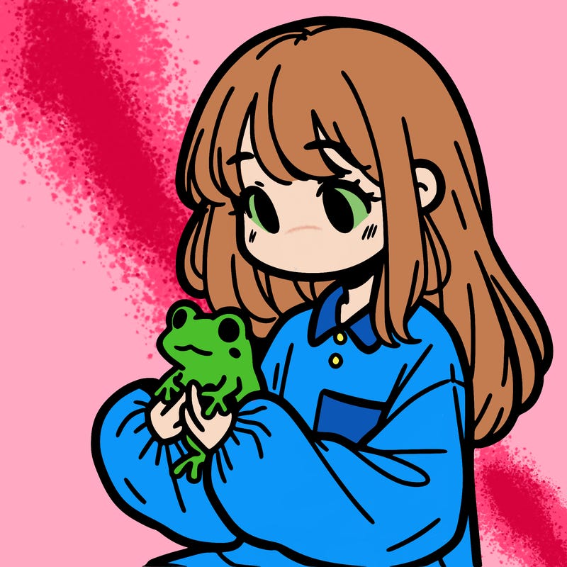 girl with long hair and a oversized shirt. and she is holding a frog