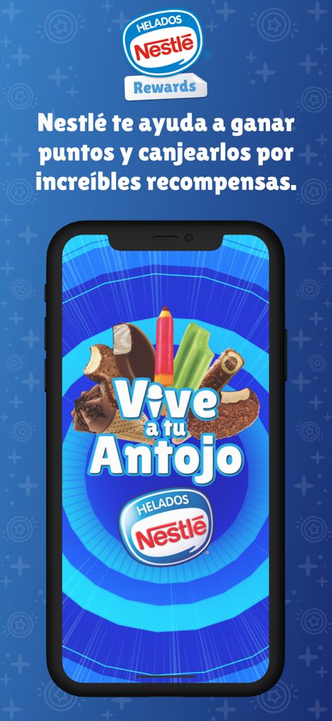 Helados Nestlé Rewards - 네슬레 아이스크림 리워드 환영 화면, 아이스크림 간식과 로열티 프로그램 메시지 표시
