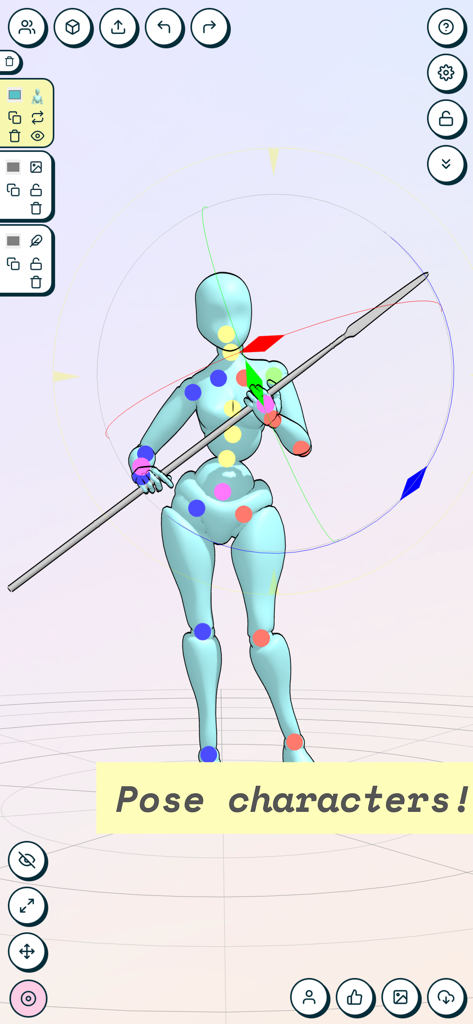A screenshot of the JustSketchMe app showing a 3D humanoid mannequin being posed with a staff using joint markers and a rotation gizmo.