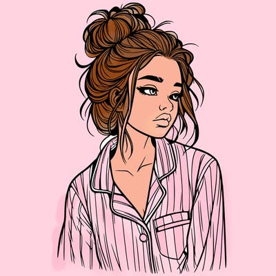 realistic woman with pajamas on and a messy bun