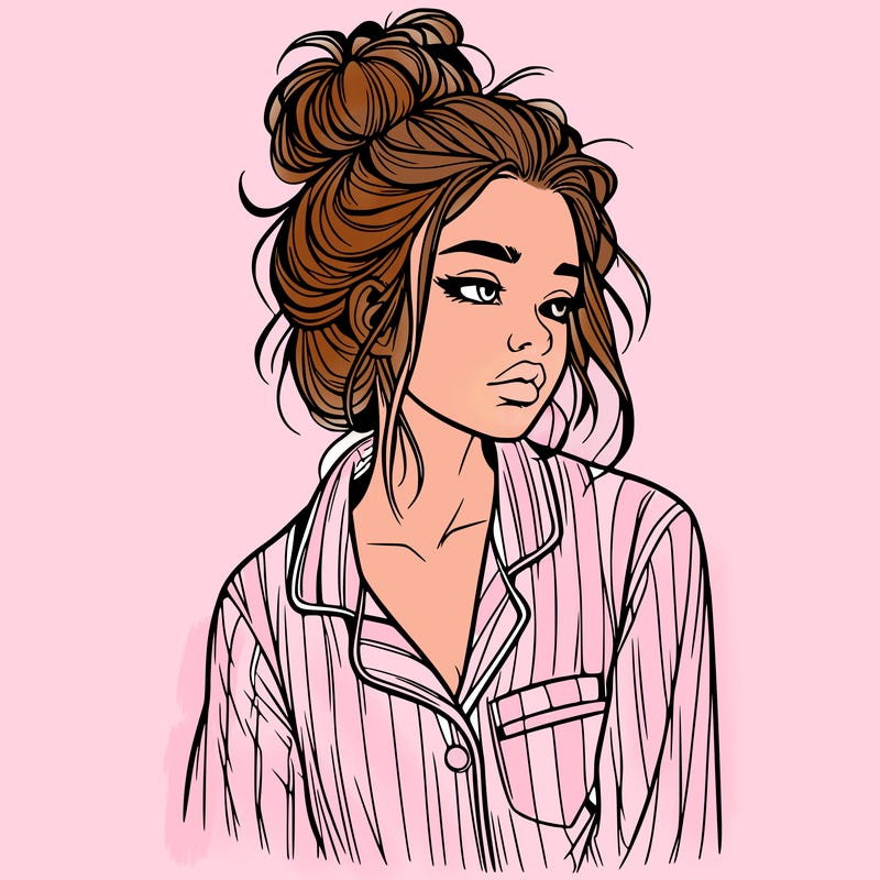realistic woman with pajamas on and a messy bun