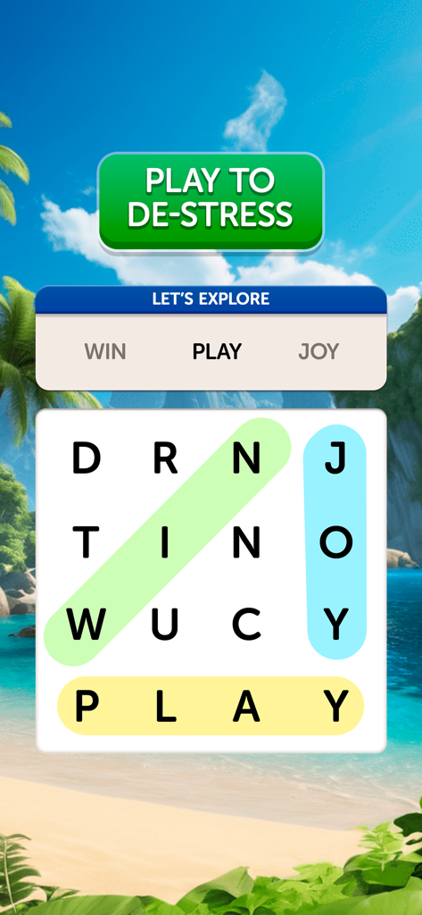 Griglia di puzzle di ricerca di parole con le parole Gioca, Gioia e Vinci evidenziate su uno sfondo di spiaggia tropicale