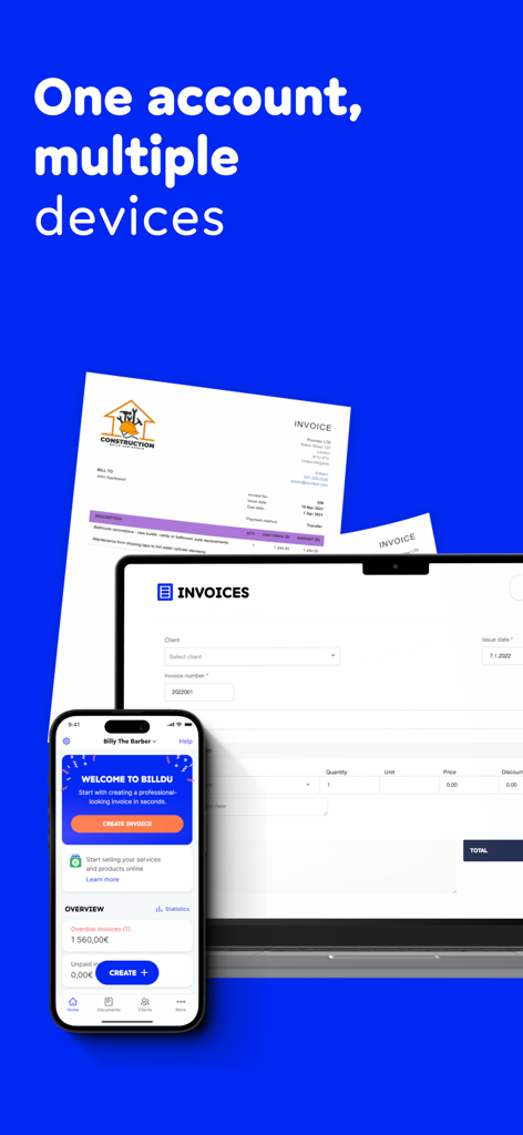Billdu invoicing app synchronized across mobile and desktop devices