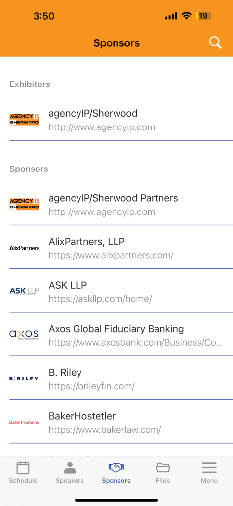 ABI Connect App - A list of event sponsors and exhibitors within the ABI Connect App
