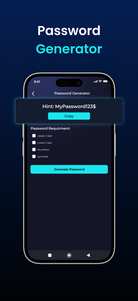 セキュリティオプションを備えたパスワードジェネレーターツールを示すWiFi Analyzerアプリのインターフェイス。