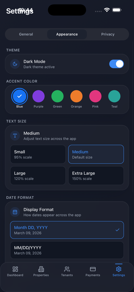 RentWise Manager appearance settings screen showing dark mode toggle accent color picker text size options and date format selection