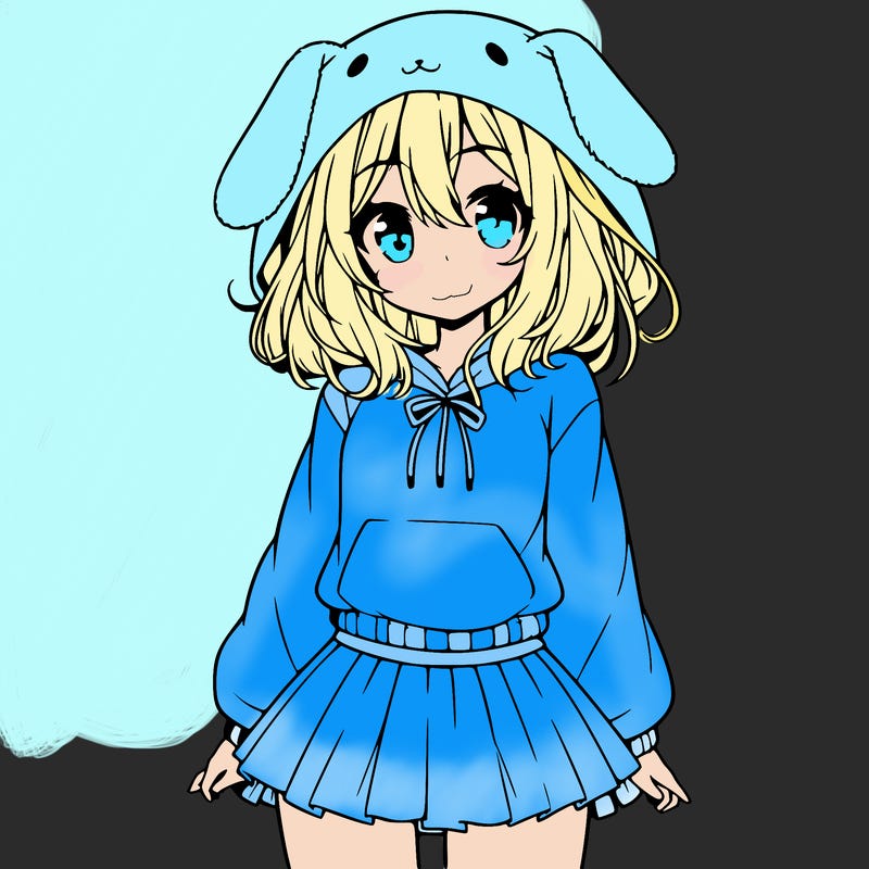 pretty anime girl wearing a fluffy hoodie with bunny ears on the hood and a skirt