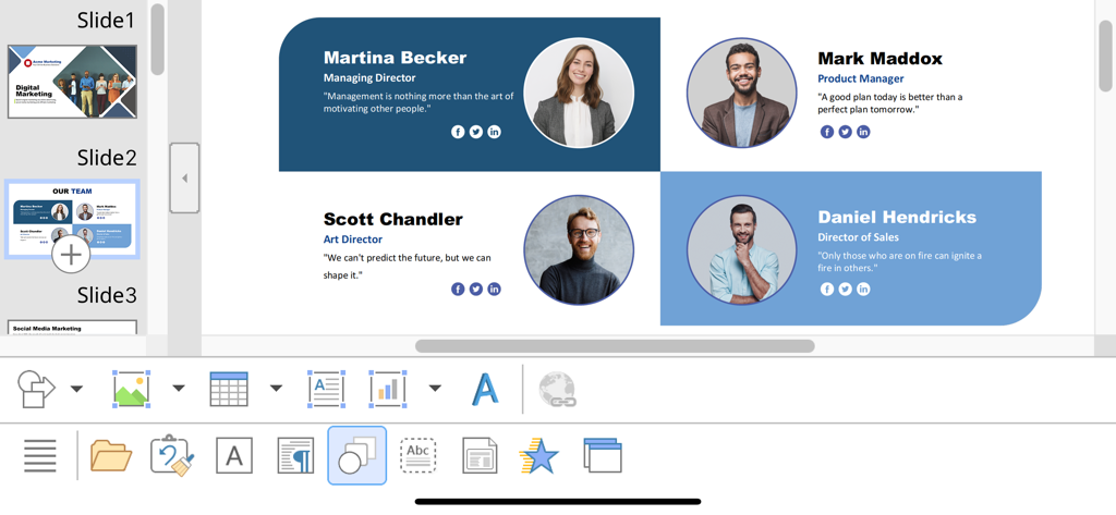 SoftMaker Presentations - Editing a team profile slide in the SoftMaker Presentations app on iOS