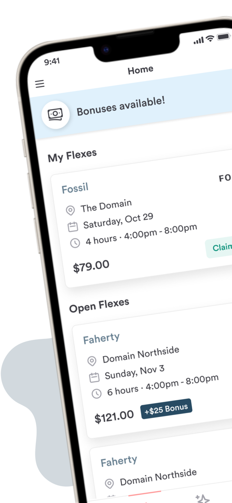 Reflex app home screen displaying available retail shifts and pay rates for brands like Fossil and Faherty