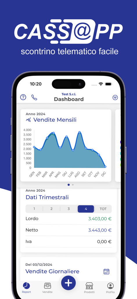 CassApp Scontrino Elettronico - Mobile app dashboard showing monthly sales charts and quarterly financial reports for a virtual cash register.