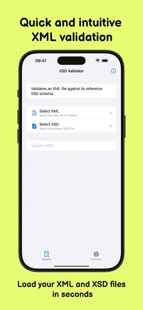 XSD - XSD Validator mobile app interface for selecting XML and XSD files to validate