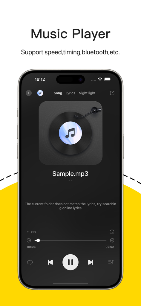 Integrated music player interface in the Unzip app for iPhone showing playback controls and song details