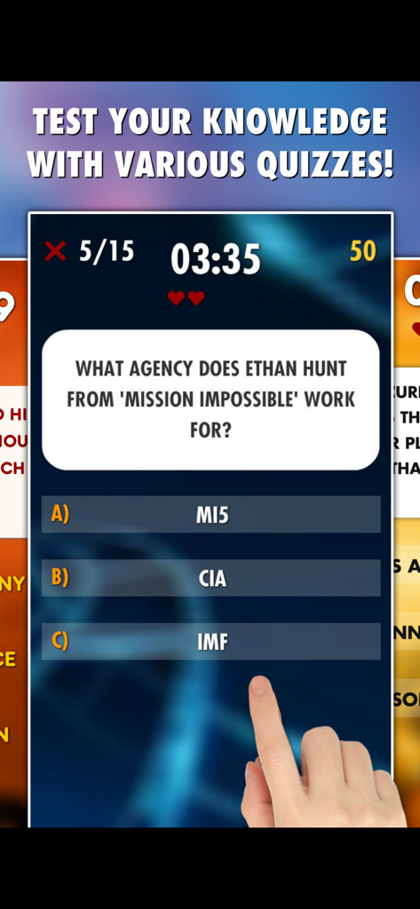 Una pregunta de opción múltiple de trivia de películas sobre Ethan Hunt de Mission Impossible en la aplicación Word Games PRO