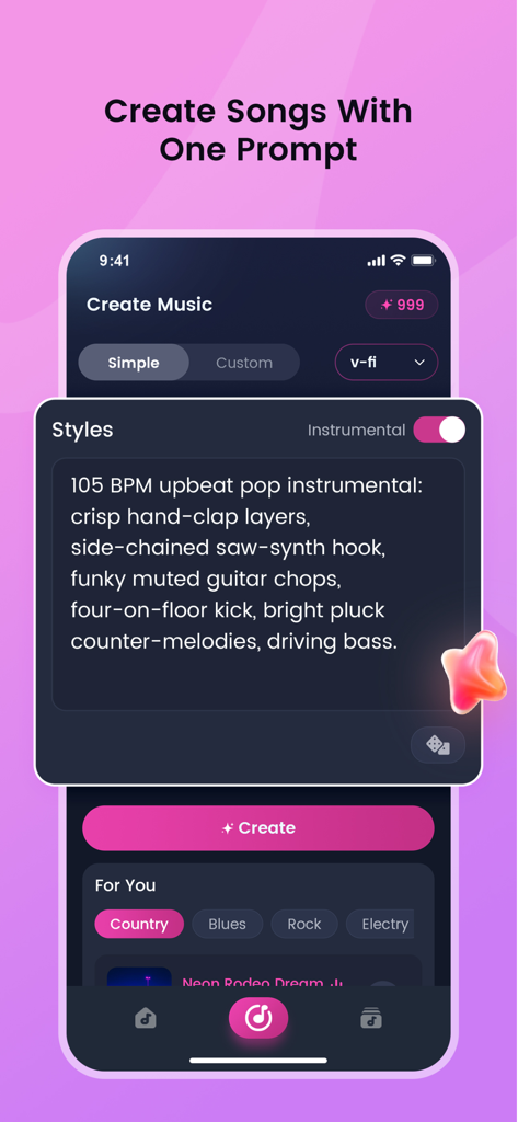 MakeBestMusic: AI Music - Interface of MakeBestMusic app showing a detailed text prompt for creating an upbeat pop instrumental track