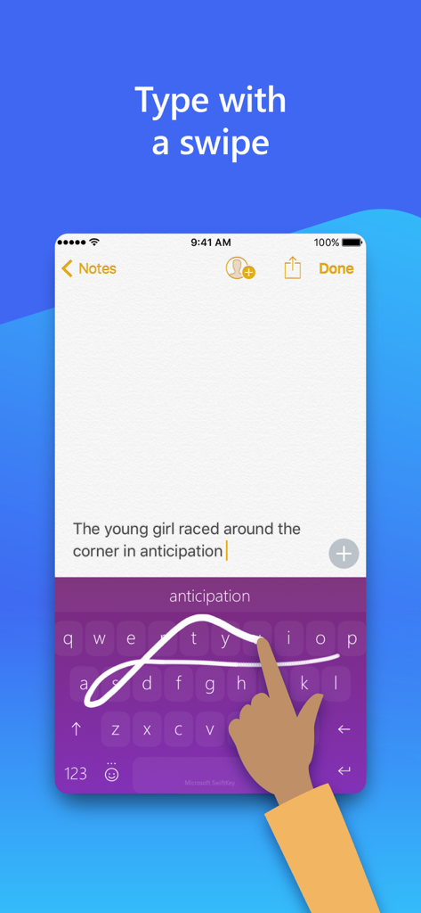 Una mano dimostra la funzione scorri per digitare sulla tastiera AI Microsoft SwiftKey con uno sfondo a tema viola.
