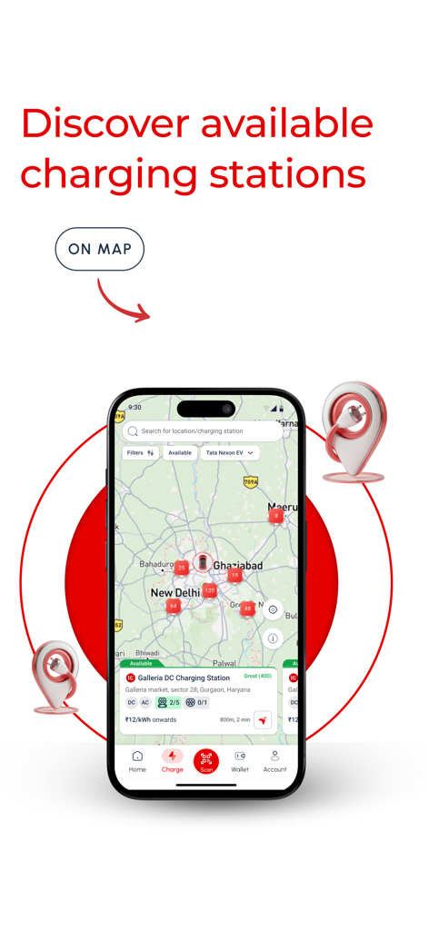 1C EV Charging - Smartphone-Bildschirm mit der 1C EV Charging App-Oberfläche und einer Karte der verfügbaren Ladestationen in Delhi NCR