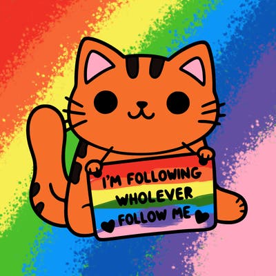 cat with a sign that says i’m following whoever follows me
