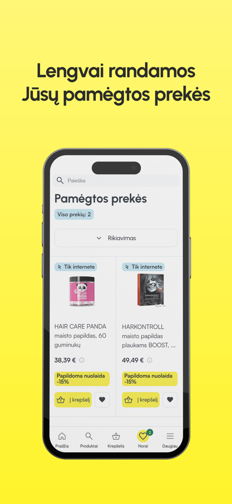 CAMELIA vaistinė - Oberfläche der Camelia Apotheken-App, die eine Liste der Lieblingsprodukte eines Benutzers mit Haarergänzungsmitteln anzeigt