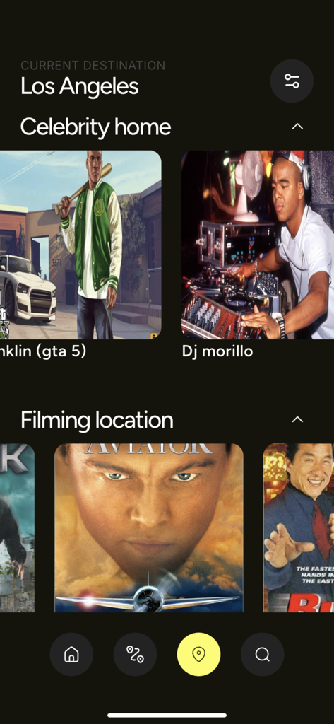 Mobile app interface for Be Your own Guide showing Los Angeles celebrity homes and movie filming locations.