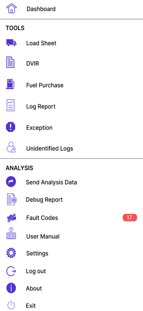 Dashboard menu of the ELDMandate HOS app displaying professional trucking tools and analysis features