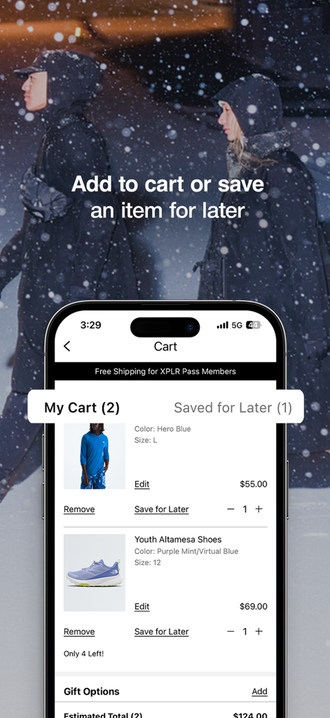 The North Face app shopping cart screen showing gear added for purchase and a save for later option.