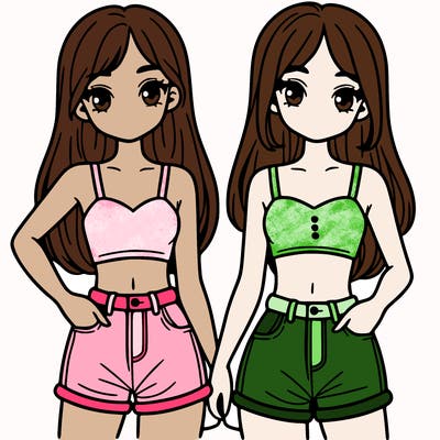 two sisters with crop tops and jean shorts and straight hair