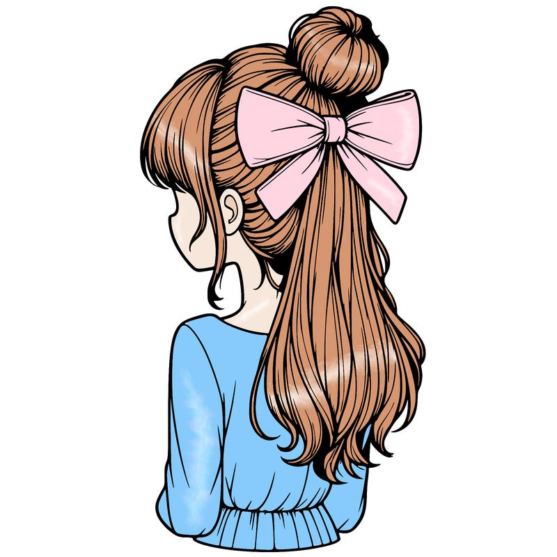 realistic girl  with hip length hair a bun and a big bow on the back of head