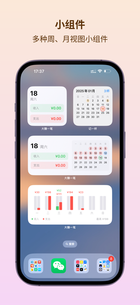 A collection of iOS home screen widgets for the Dazhuan Yibi bookkeeping app showing daily income expenses and weekly financial charts