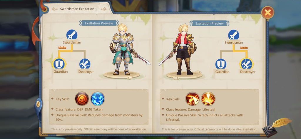 Guardians of Cloudia - Vista previa de exaltación de la clase Espadachín en Guardians of Cloudia, mostrando los caminos de especialización Guardián y Destructor.