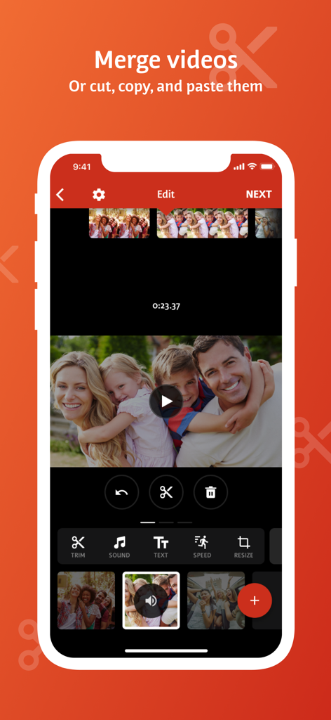 Videoshop - Video Editor - Mobile video editor interface showing options to merge, cut, and paste video clips