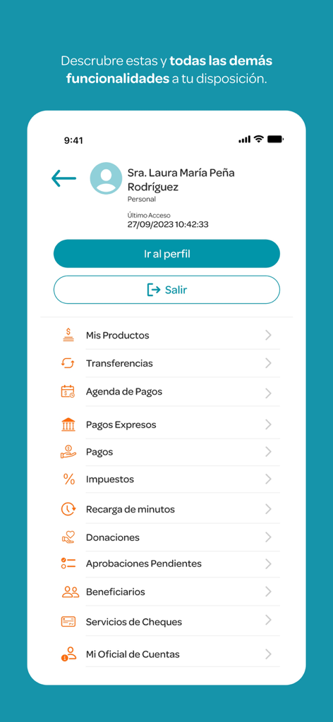 App Ademi mobile banking menu screen displaying options for transfers bill payments and mobile top-ups