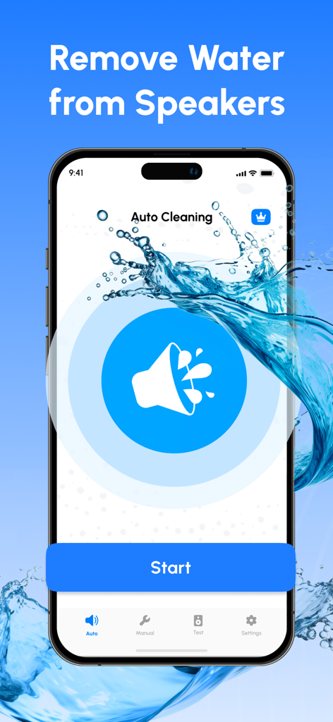 Water Remover: Speaker Cleaner - Smartphone mostrando el modo de limpieza automática de la aplicación Eliminador de Agua para expulsar agua de los altavoces