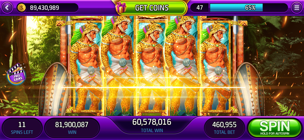 FunWave Slots & Jackpot Casino - FunWave Slots jungle theme showing a large win with jaguar warrior symbols