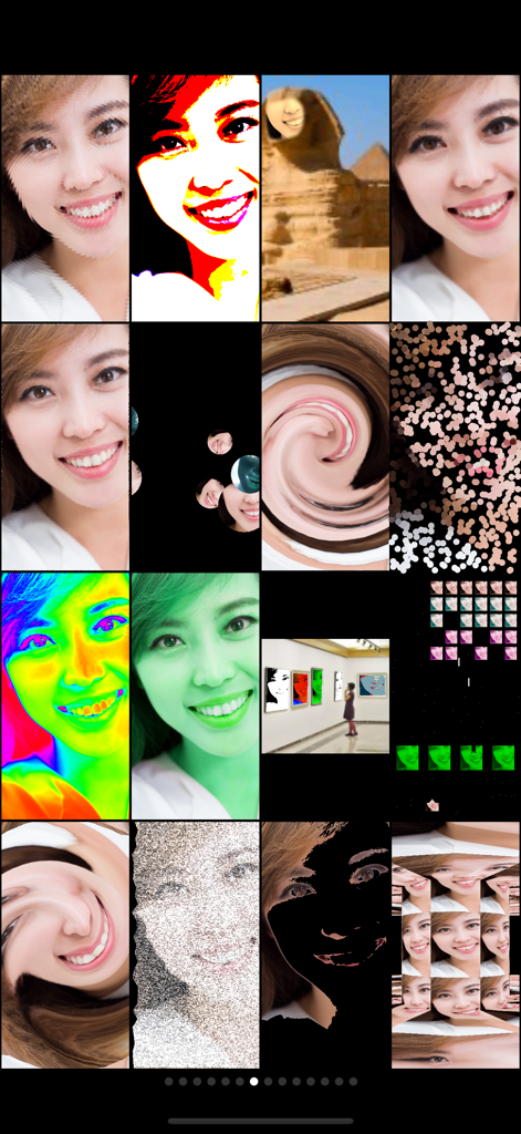 Mega Photo Pro - A collage showing various zany and distorted real time photo effects like thermal camera and swirl filters